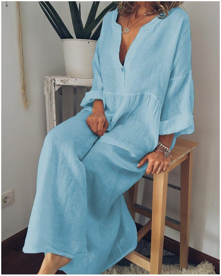 Middle East Linen Solid Color Long Sleeve V-Neck Buttoned Big Hem Dress Women