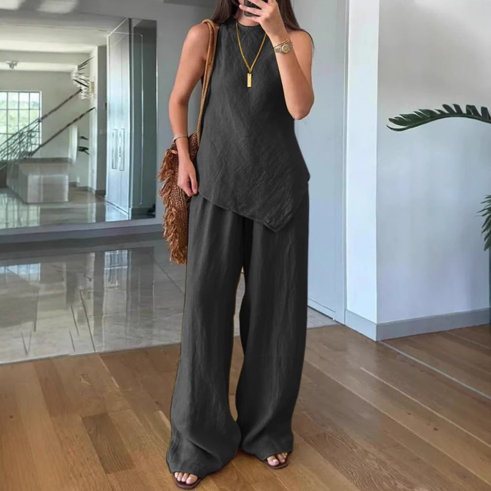 Casual Round Neck Pullover Sleeveless Plus Pocket Pants Cotton Multicolor Women's Suit
