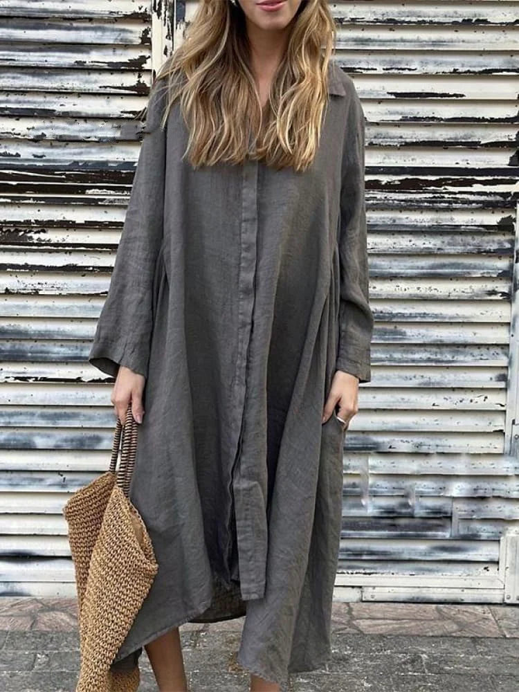 2025 Summer Loose Solid Color Cotton and Linen Fashion Long Sleeve Shirt Long Dress
