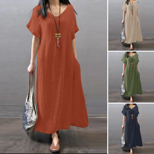 V-neck cotton linen loose casual solid colour pocket dress