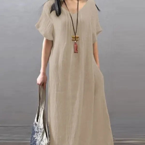 V-neck cotton linen loose casual solid colour pocket dress