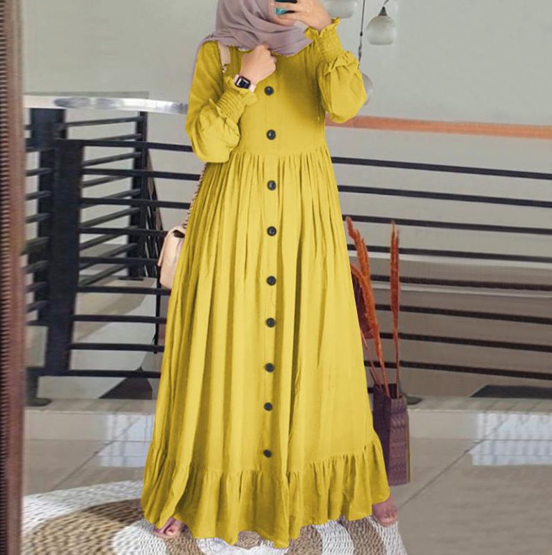 New cotton linen literary retro leisure loose large size round neck frill dress