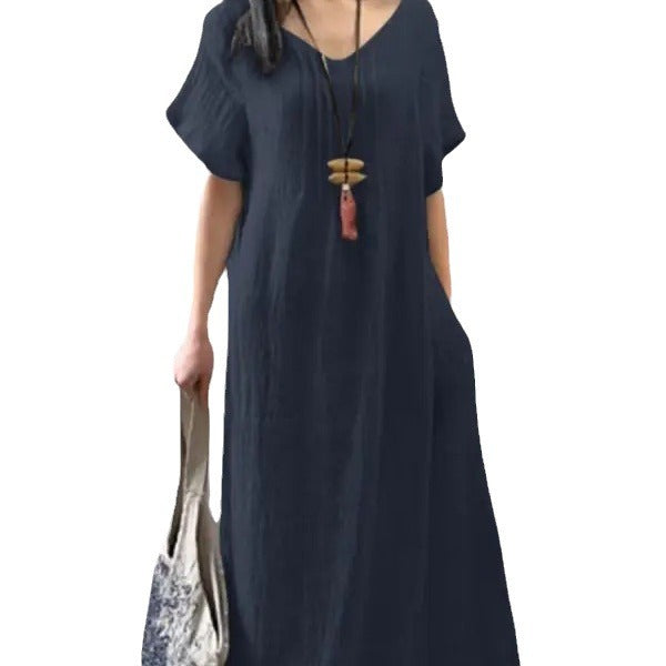 V-neck cotton linen loose casual solid colour pocket dress