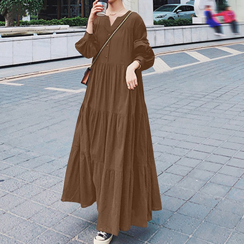 (30% Off Any Two Items)Swing Sleeve V-Neck Ruffle Loose Long Dresses