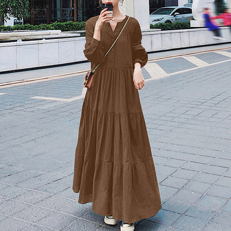 (30% Off Any Two Items)Swing Sleeve V-Neck Ruffle Loose Long Dresses