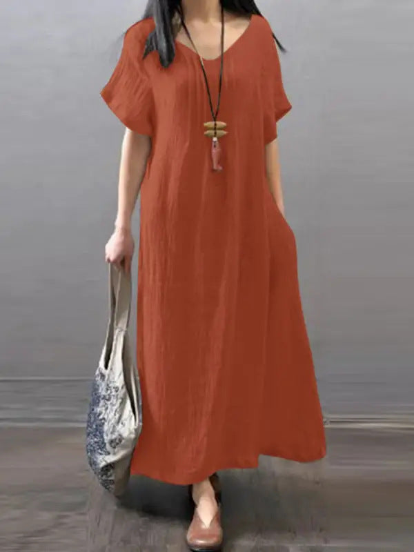 V-neck cotton linen loose casual solid colour pocket dress