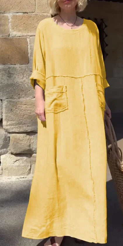 Round Neck Cotton Linen Long Sleeve Casual Pleated Double Side Pocket Dress