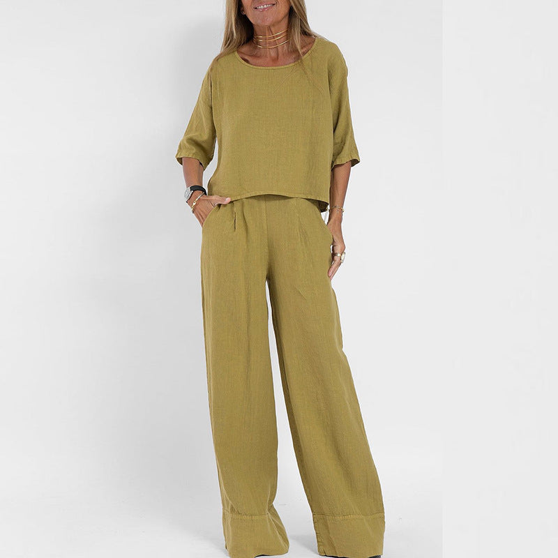 Casual Fashion Pocket Trousers Beach Suit Spring And Summer Short-sleeved Top Pullover Suit Women's Cotton And Linen Solid Color Two Pieces