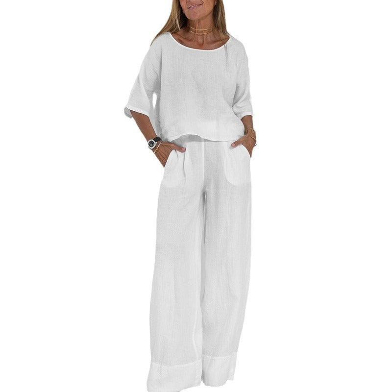 Casual Fashion Pocket Trousers Beach Suit Spring And Summer Short-sleeved Top Pullover Suit Women's Cotton And Linen Solid Color Two Pieces