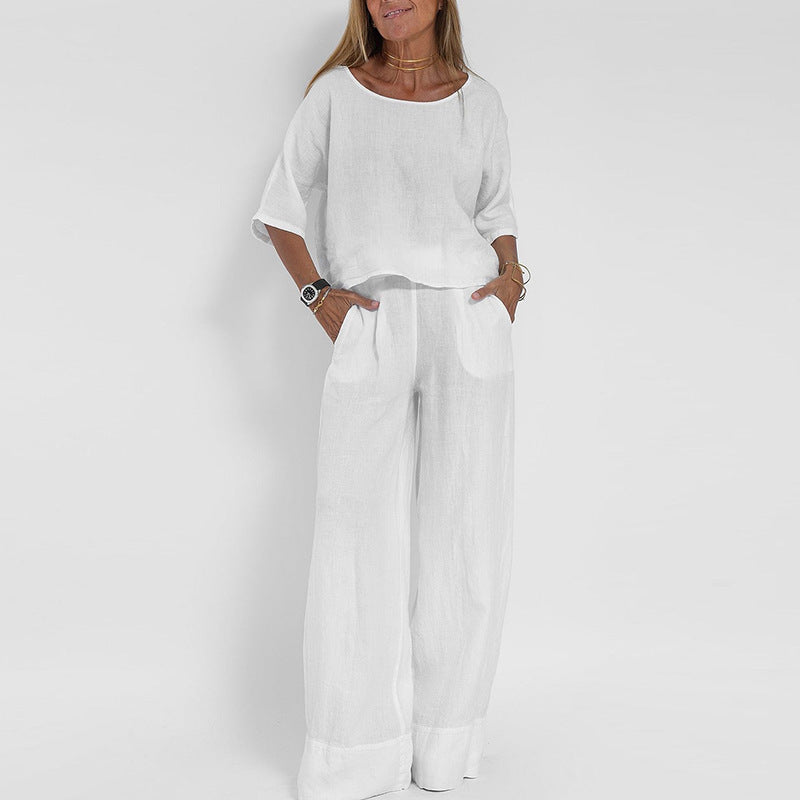 Casual Fashion Pocket Trousers Beach Suit Spring And Summer Short-sleeved Top Pullover Suit Women's Cotton And Linen Solid Color Two Pieces