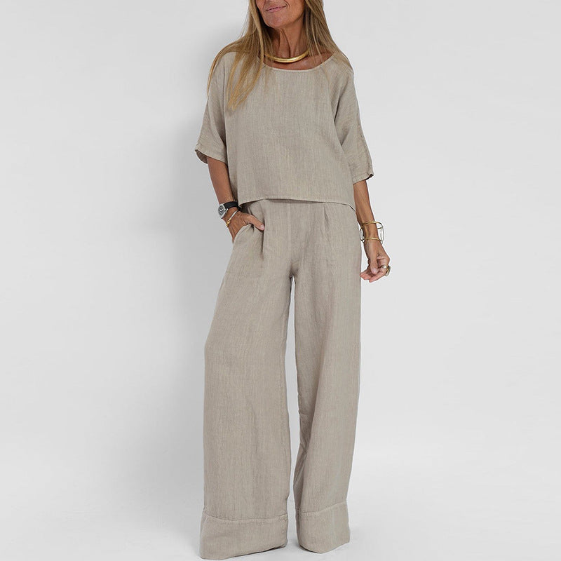 Casual Fashion Pocket Trousers Beach Suit Spring And Summer Short-sleeved Top Pullover Suit Women's Cotton And Linen Solid Color Two Pieces