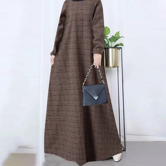 （30% Off Any Two Items）New casual women's cotton and linen retro long-sleeved plaid round-neck dresses