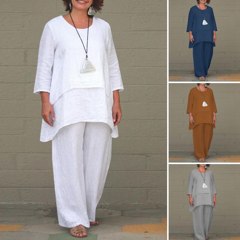 New Women's Cotton Linen Fashion Casual Large Size Irregular Long Sleeve Suit Wide Leg Pants Two Piece Set