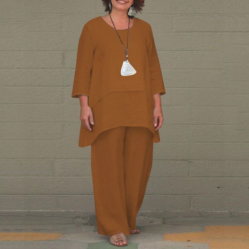 New Women's Cotton Linen Fashion Casual Large Size Irregular Long Sleeve Suit Wide Leg Pants Two Piece Set