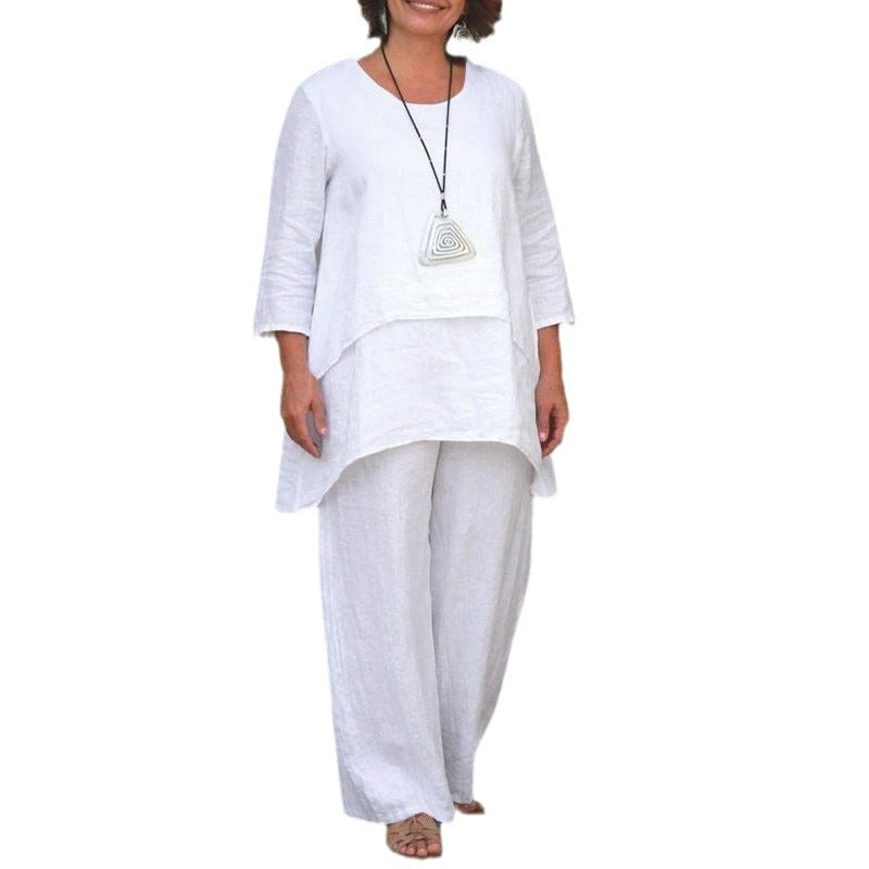 New Women's Cotton Linen Fashion Casual Large Size Irregular Long Sleeve Suit Wide Leg Pants Two Piece Set