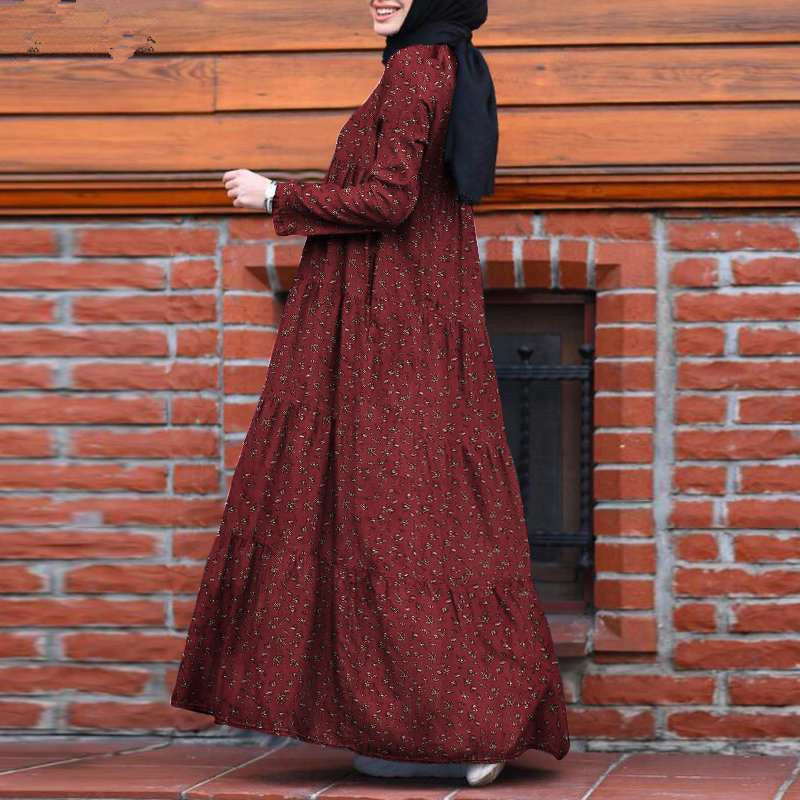 Beautiful Fashion Multi-layer Printed Back Zipper Cotton And Linen Vintage Dress