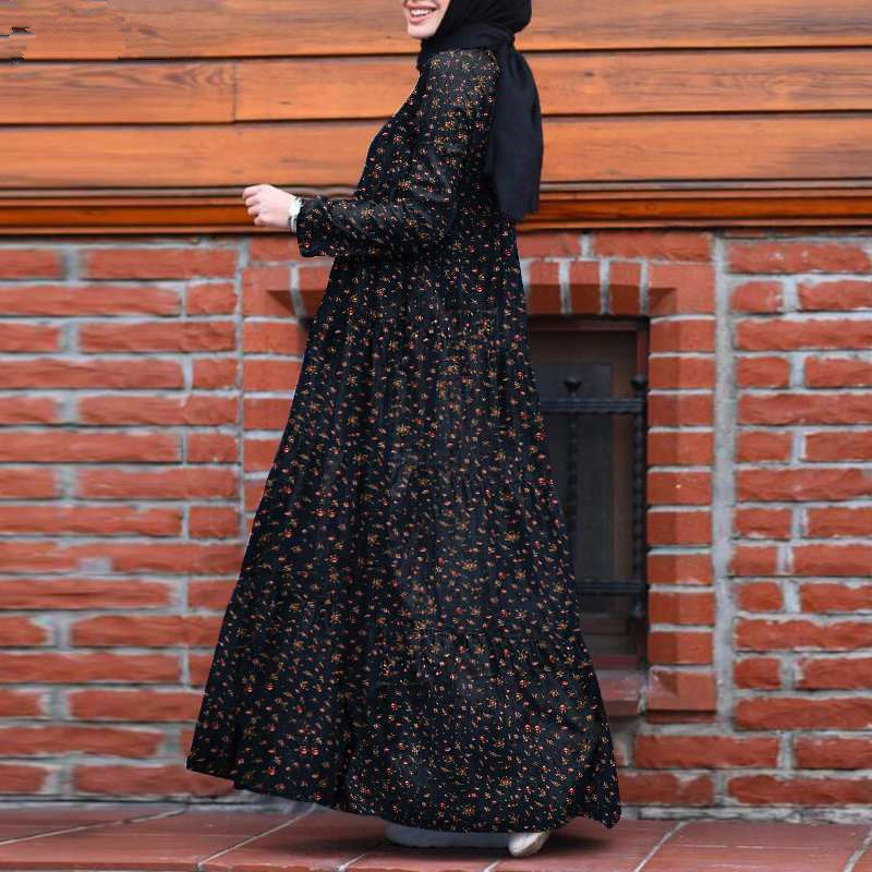 Beautiful Fashion Multi-layer Printed Back Zipper Cotton And Linen Vintage Dress