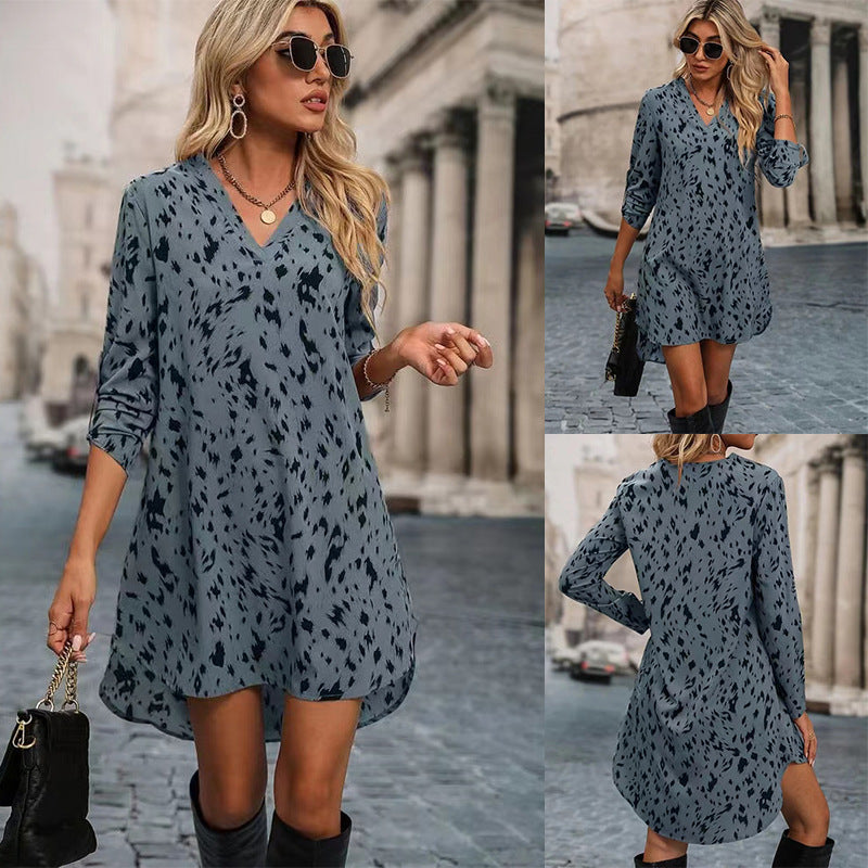 2025 New Slim Leopard Fashion Standing Collar Long Sleeve Dress Women