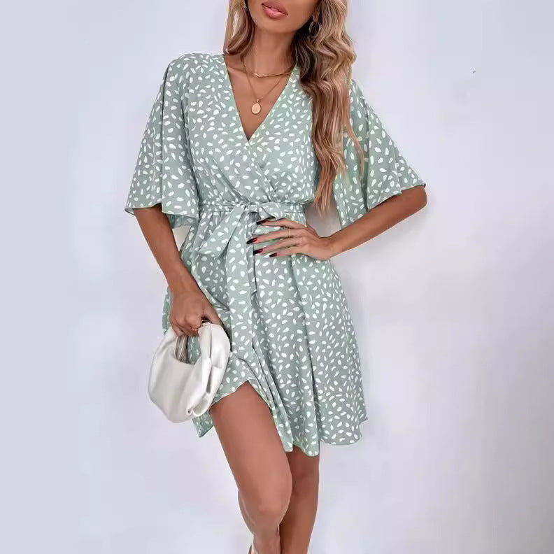 2025 New Explosion V-Neck Short Sleeve Waisted Peplum Dresses