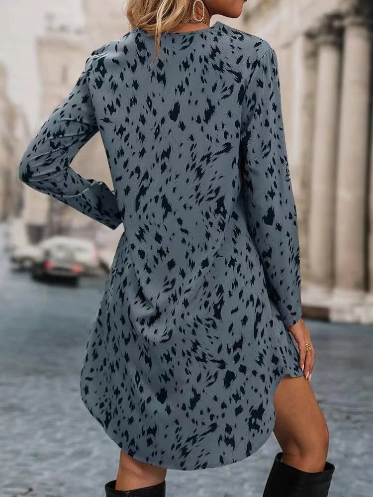 2025 New Slim Leopard Fashion Standing Collar Long Sleeve Dress Women