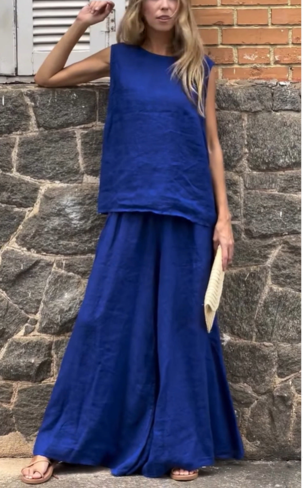 2025 Large Size Loose Solid Color Cotton Linen Sleeveless Pants Two Piece Set