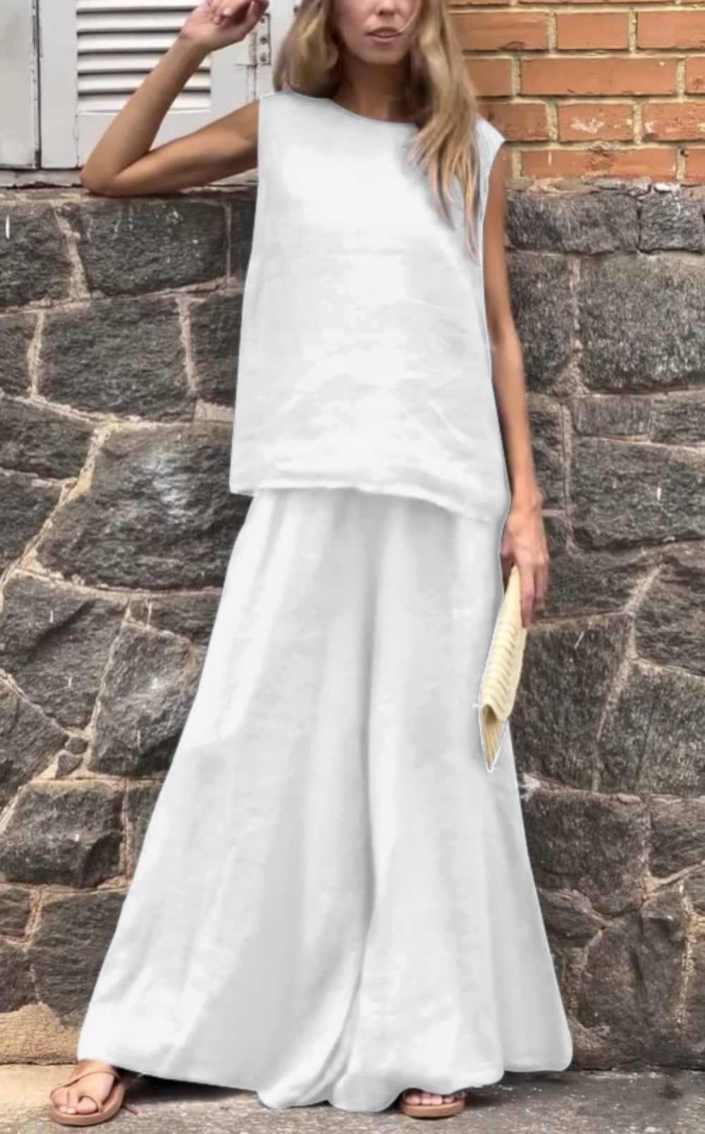 2025 Large Size Loose Solid Color Cotton Linen Sleeveless Pants Two Piece Set