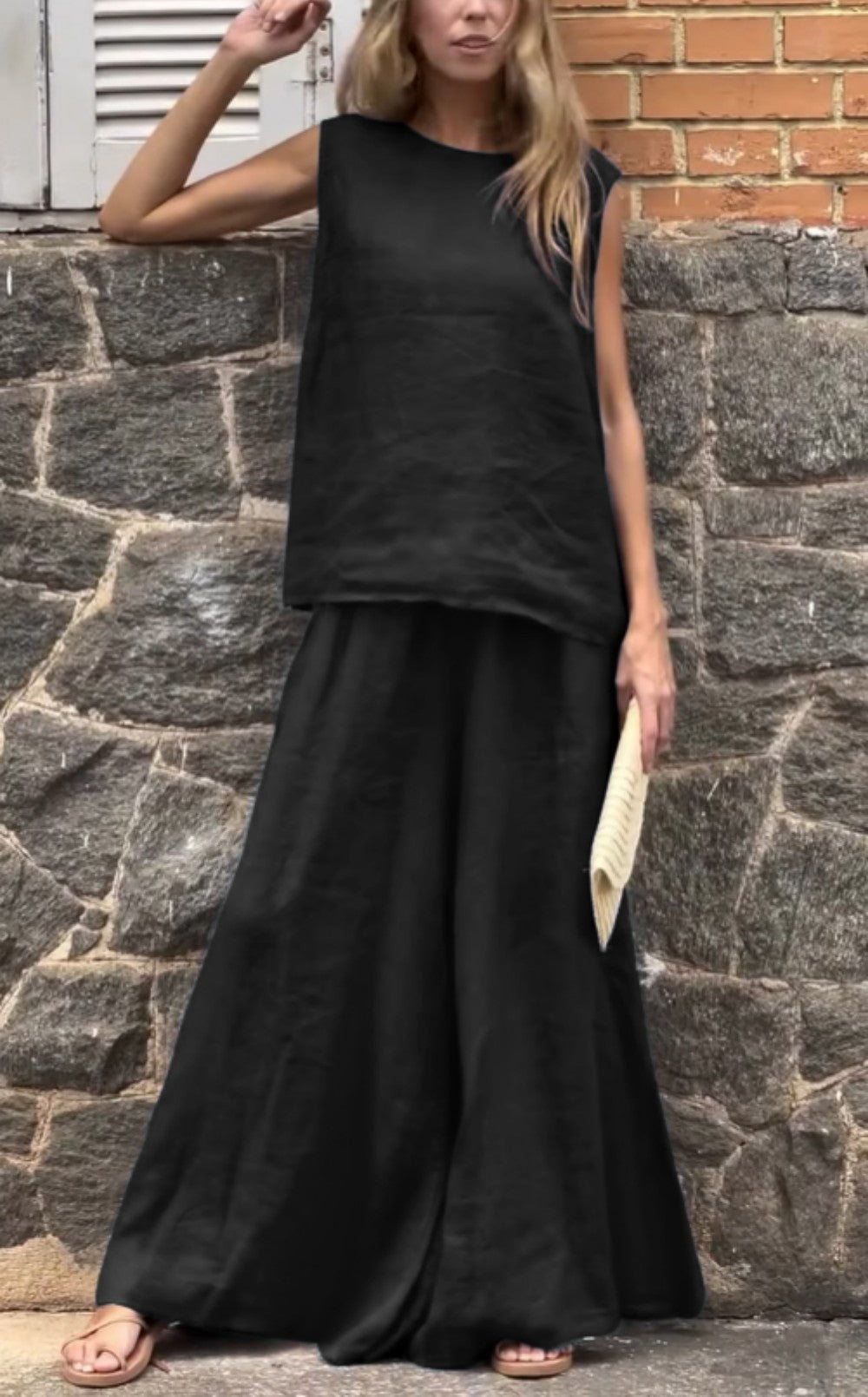 2025 Large Size Loose Solid Color Cotton Linen Sleeveless Pants Two Piece Set