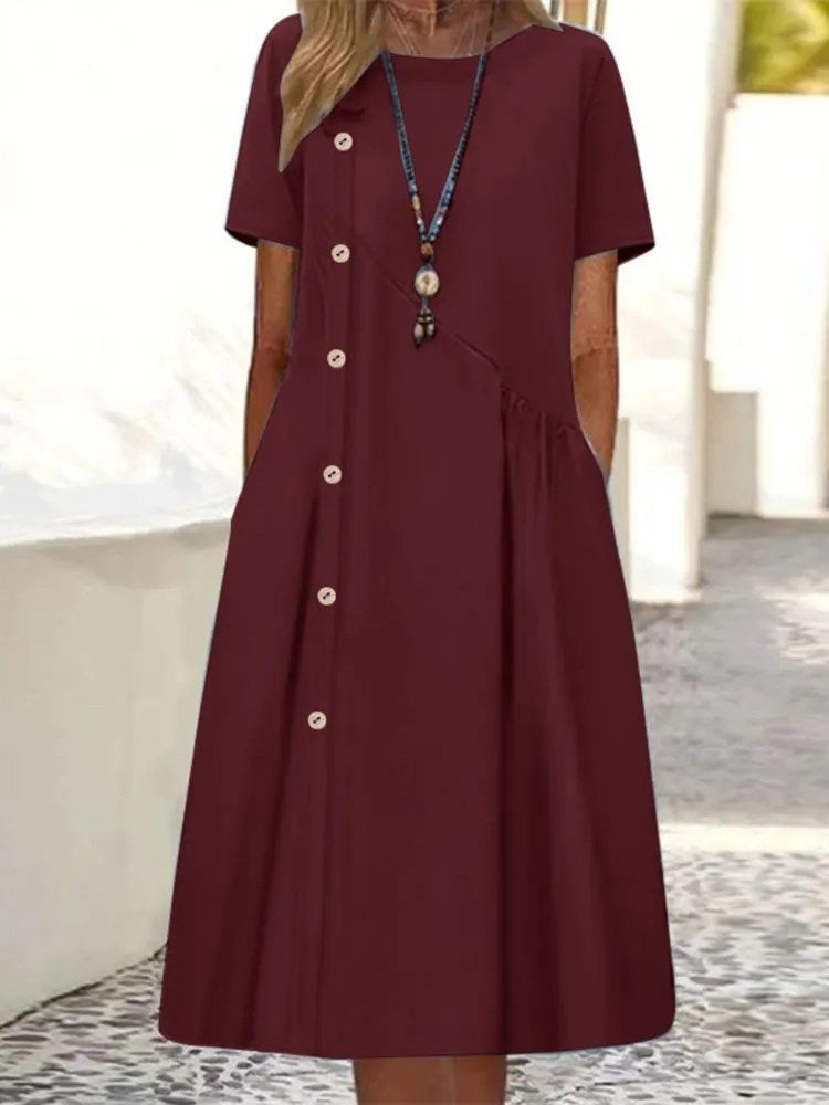 Casual Button Embellished Shrunken Pocket Midi Dress