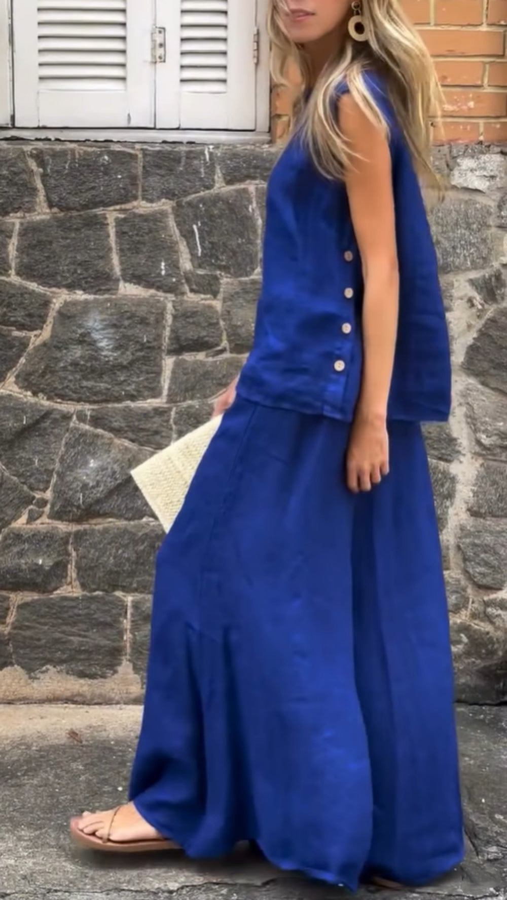 2025 Large Size Loose Solid Color Cotton Linen Sleeveless Pants Two Piece Set