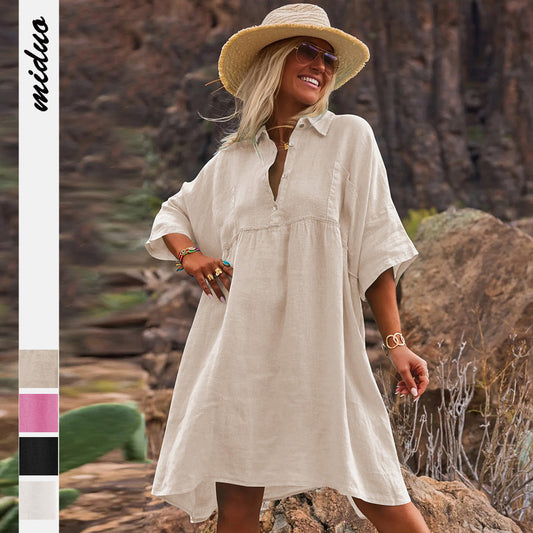 Loose solid color polo collar vacation casual button up literary style fashion dresses