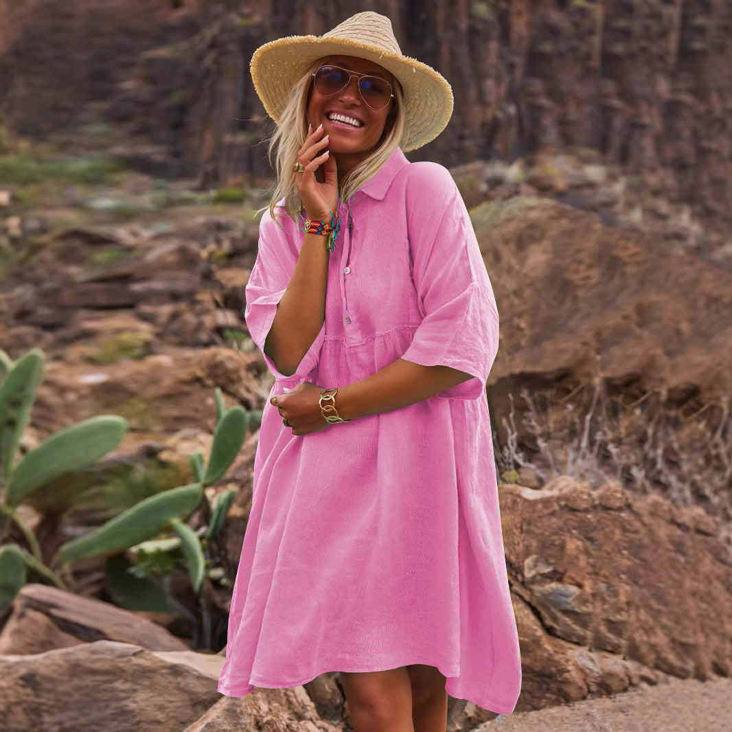 Loose solid color polo collar vacation casual button up literary style fashion dresses