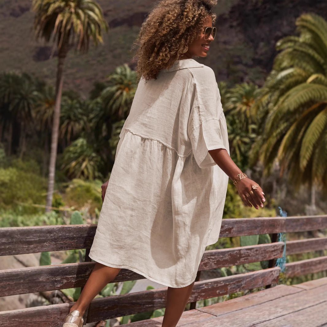 Loose solid color polo collar vacation casual button up literary style fashion dresses