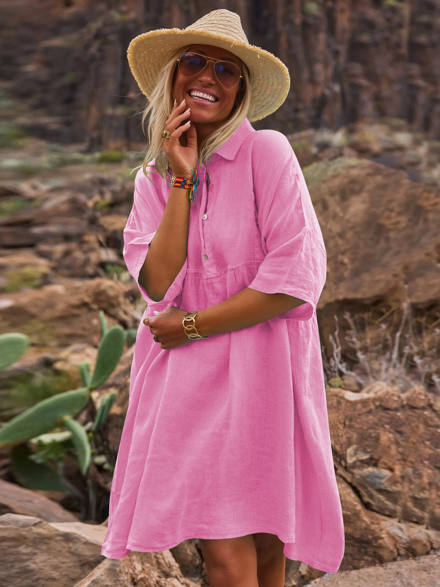 Loose solid color polo collar vacation casual button up literary style fashion dresses