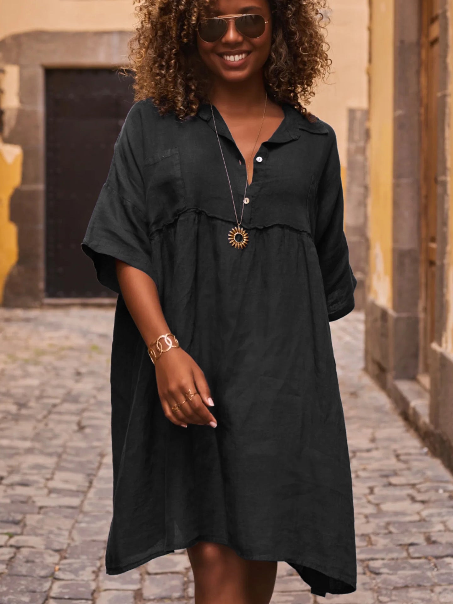 Loose solid color polo collar vacation casual button up literary style fashion dresses