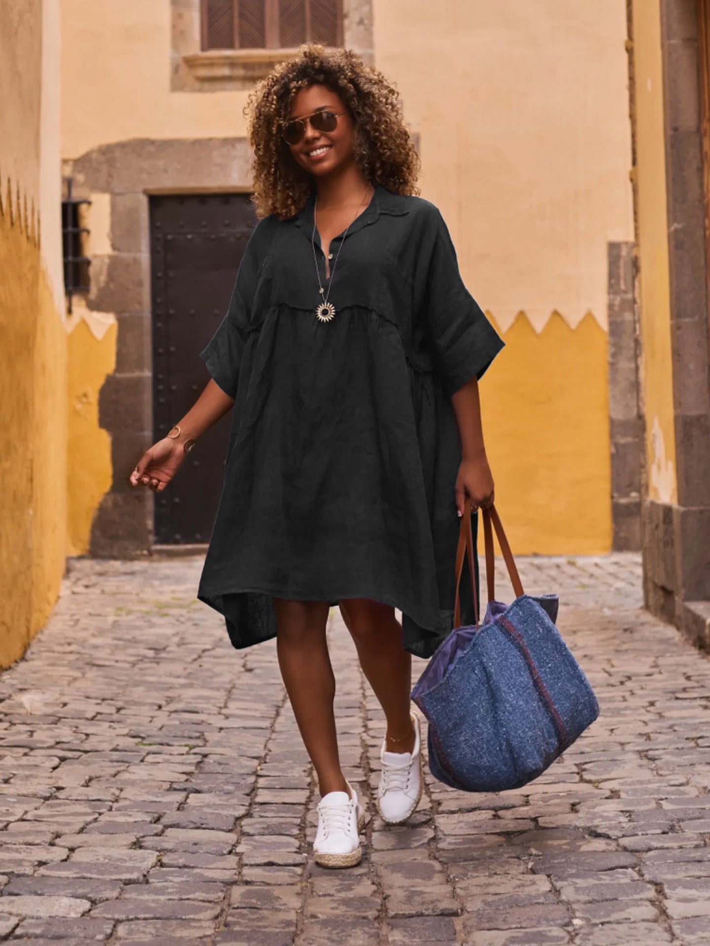 Loose solid color polo collar vacation casual button up literary style fashion dresses