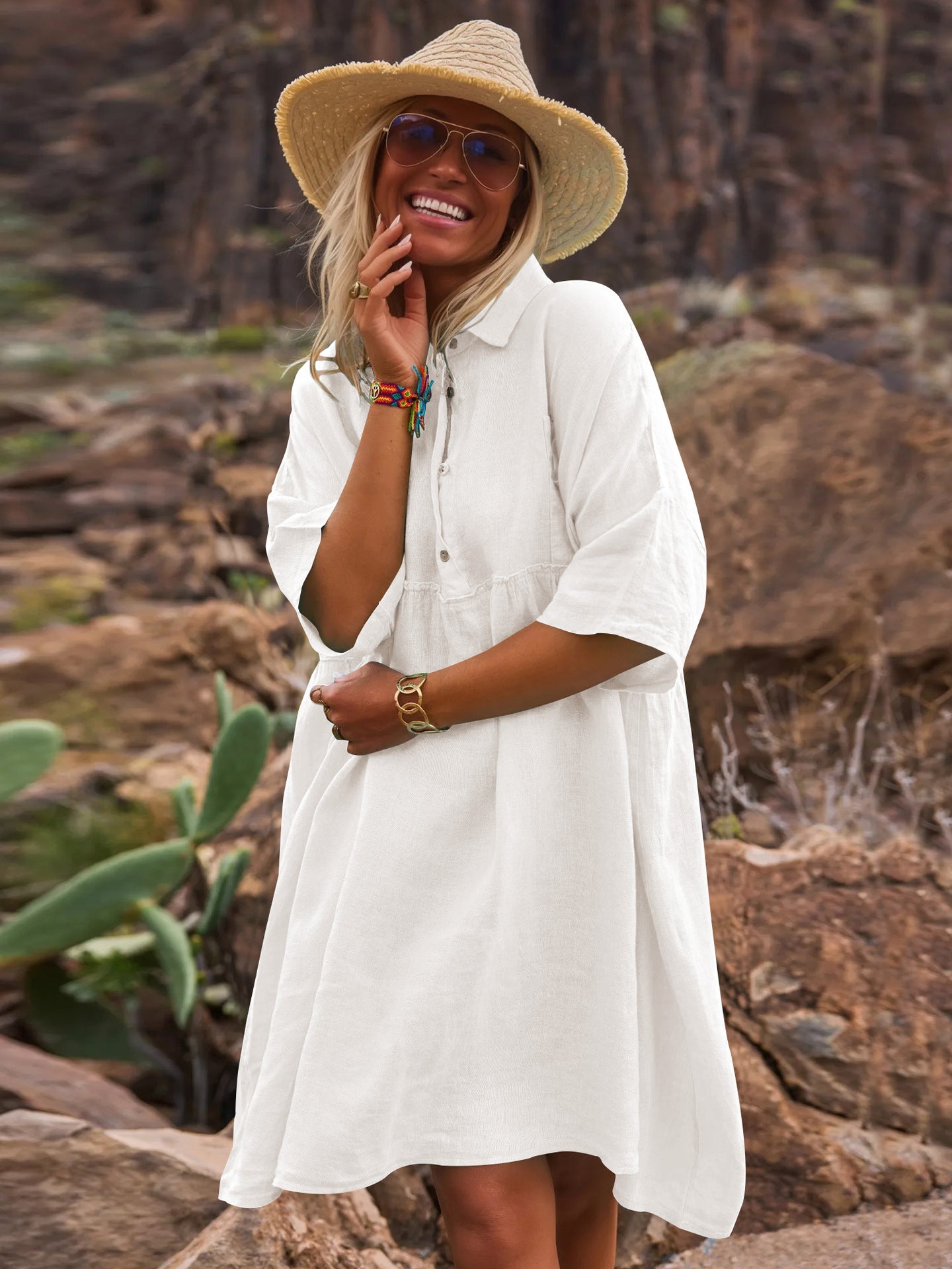 Loose solid color polo collar vacation casual button up literary style fashion dresses