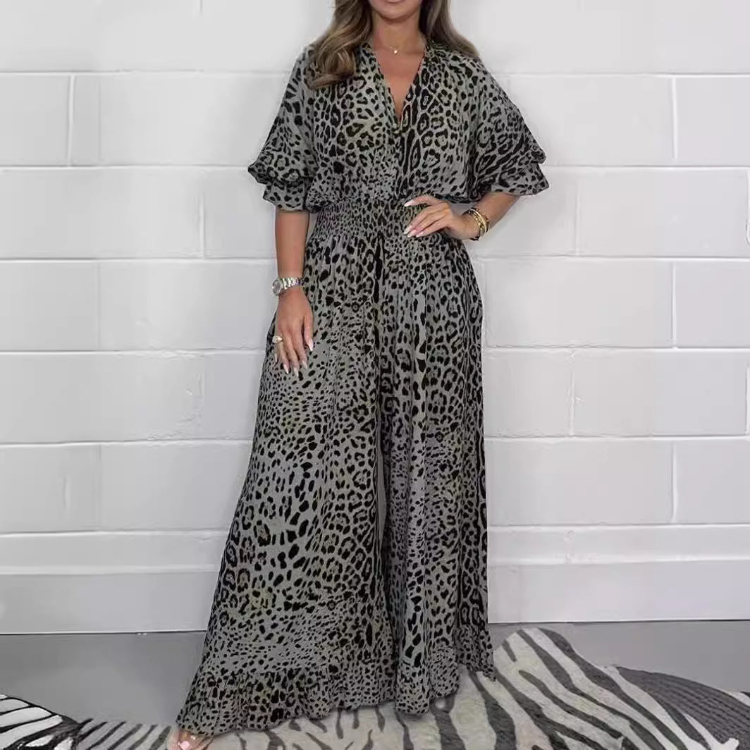 Fashion Leopard Print Casual Wide Leg Jumpsuit
