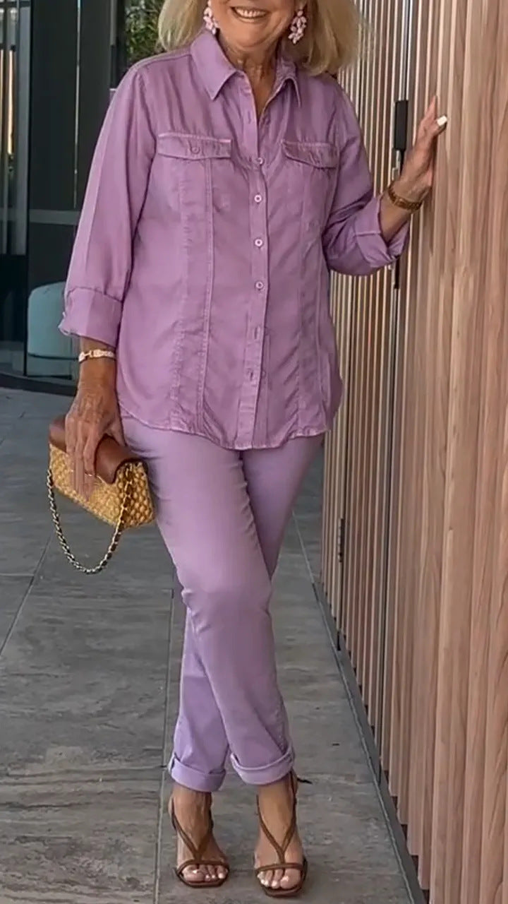 2025 Loose Casual Solid Color Round Neck Casual Shirt Long Pants Set