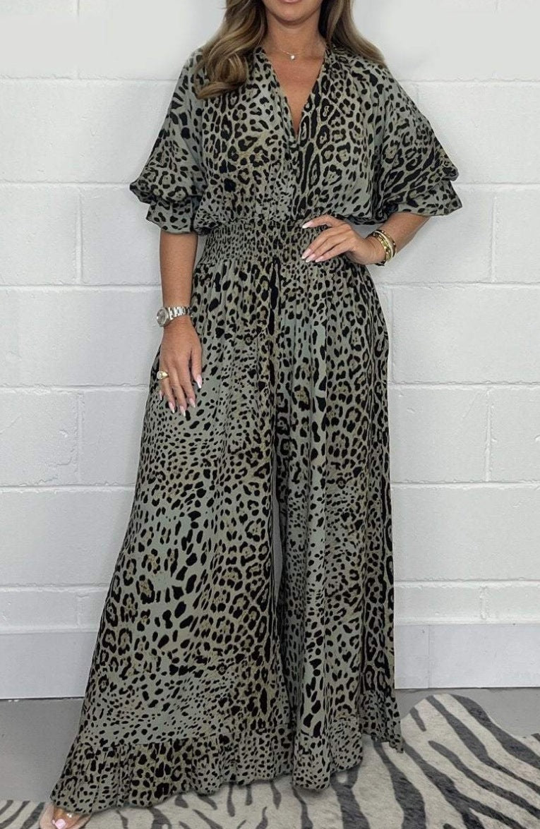 Fashion Leopard Print Casual Wide Leg Jumpsuit