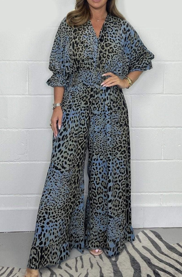 Fashion Leopard Print Casual Wide Leg Jumpsuit