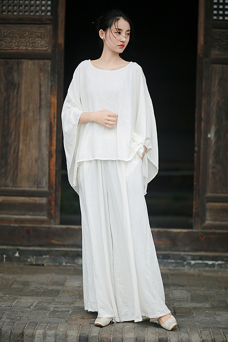 Linen Top Wide Leg Pants Set 3 Colours Literary Retro Cool Style