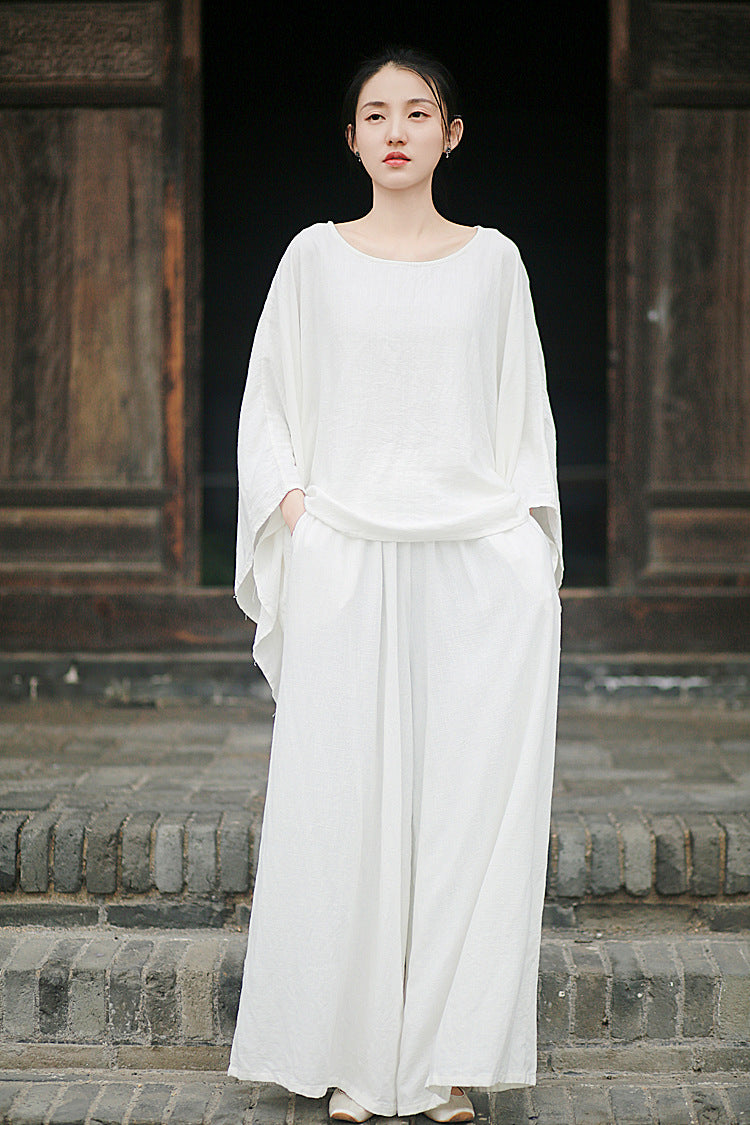 Linen Top Wide Leg Pants Set 3 Colours Literary Retro Cool Style