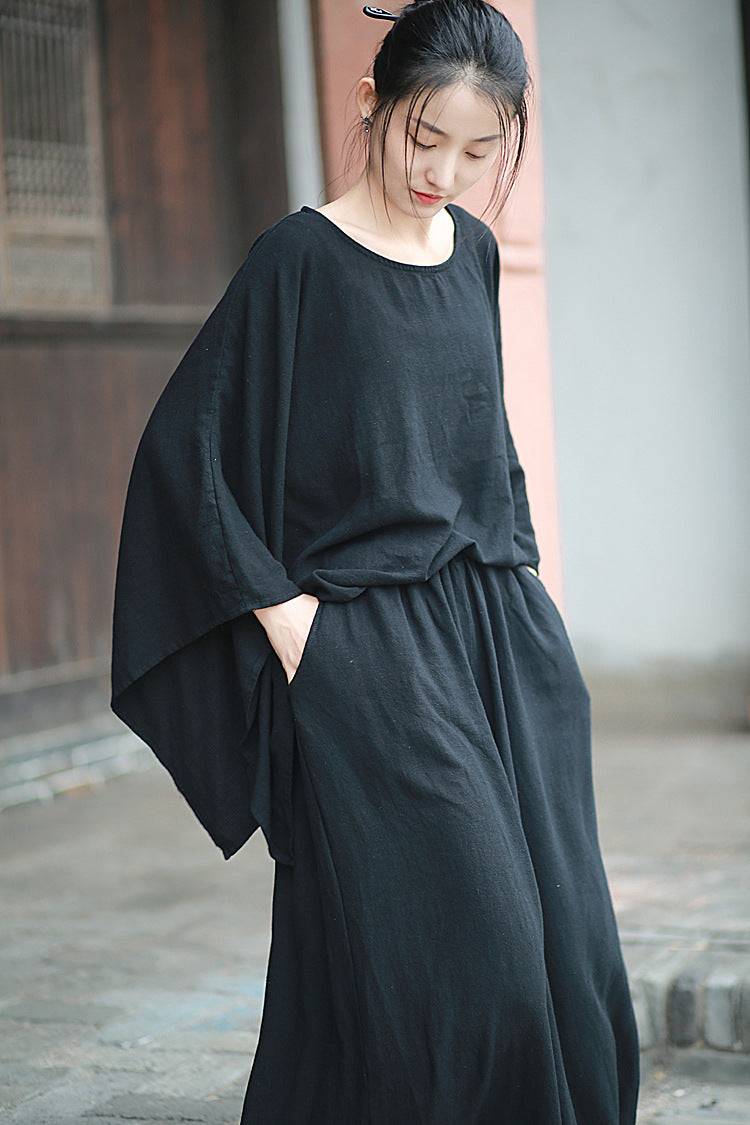 Linen Top Wide Leg Pants Set 3 Colours Literary Retro Cool Style