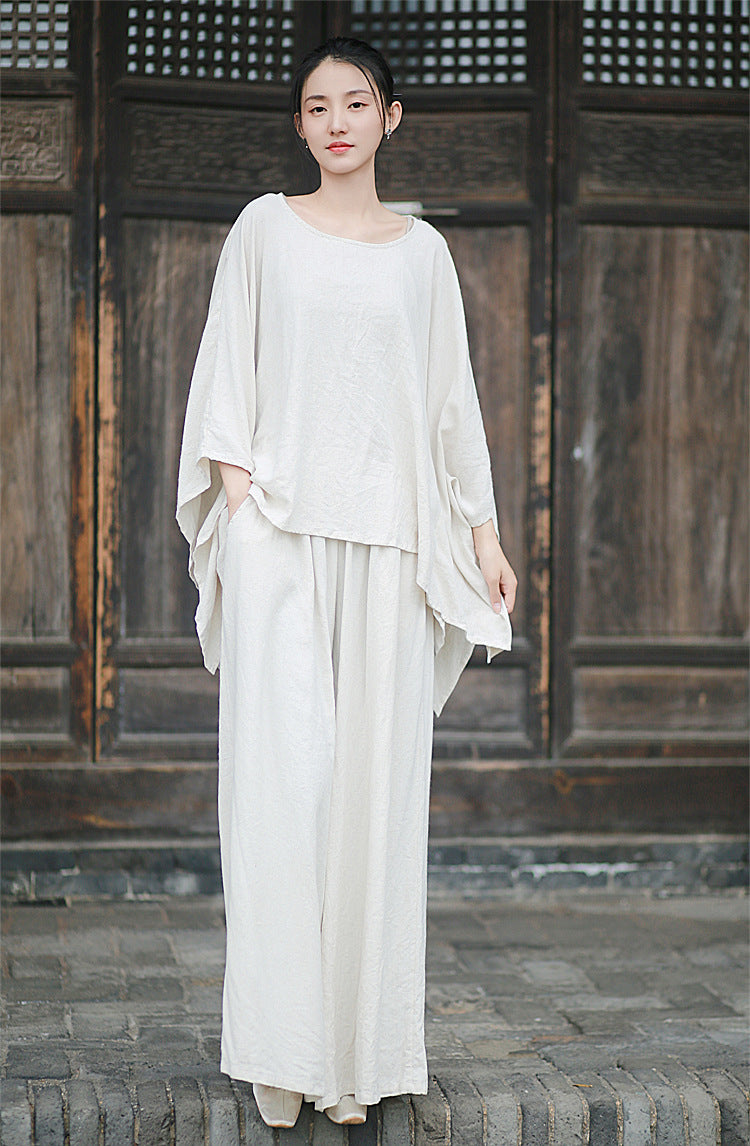 Linen Top Wide Leg Pants Set 3 Colours Literary Retro Cool Style