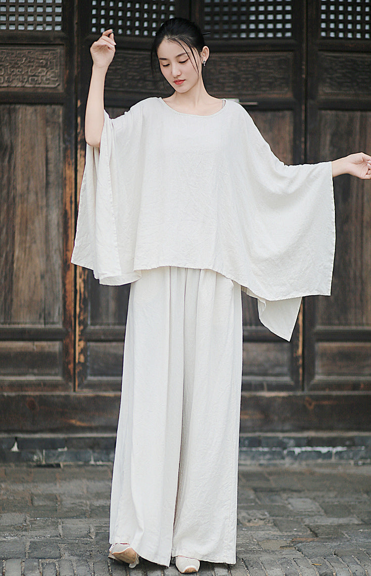 Linen Top Wide Leg Pants Set 3 Colours Literary Retro Cool Style