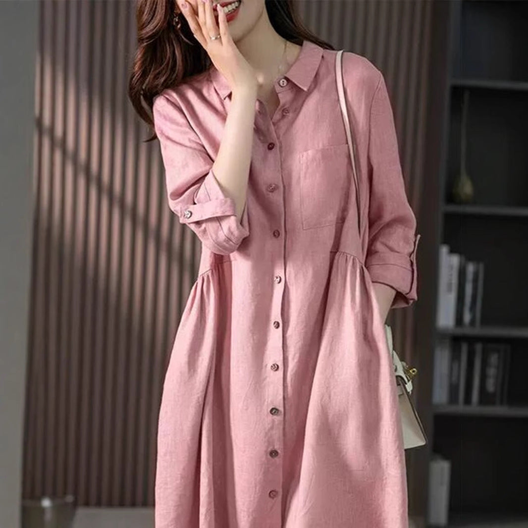 Elegant French Linen Shirt Dress Designer Niche Solid Colour Dresses