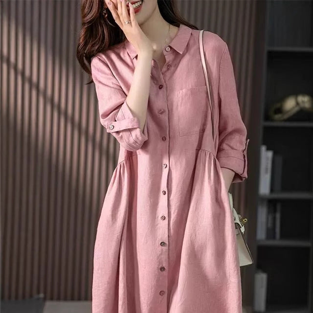 Elegant French Linen Shirt Dress Designer Niche Solid Colour Dresses