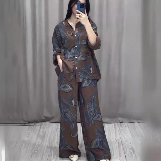 Printed Fashion Women's Long Sleeve Shirt Trousers Suit