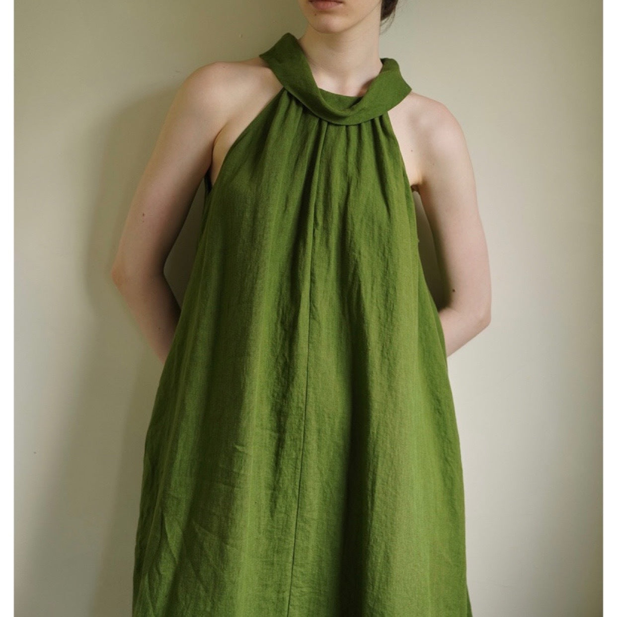 Linen Sandwashed Textured Hanging Neck Dress Summer