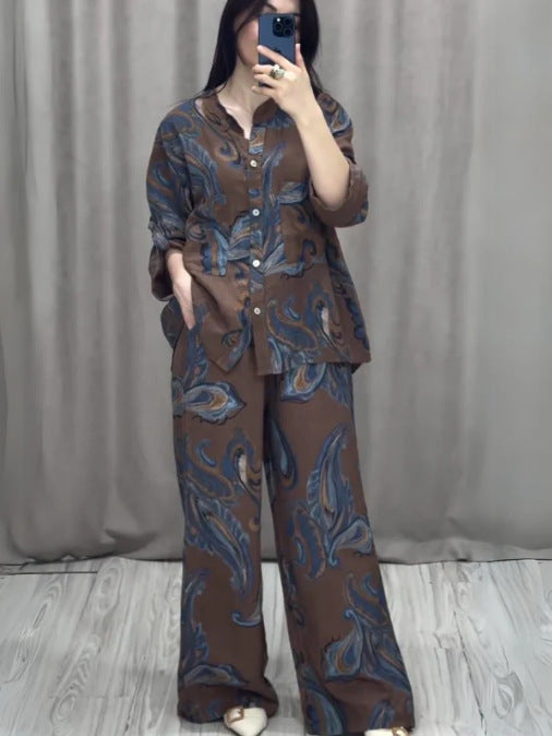Printed Fashion Women's Long Sleeve Shirt Trousers Suit